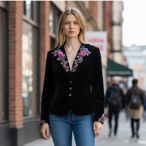 Jackie Jon Vintage Blazer Women 8 Black Velvet Floral Romantic Jacket Whimsygoth - Picture 1 of 13